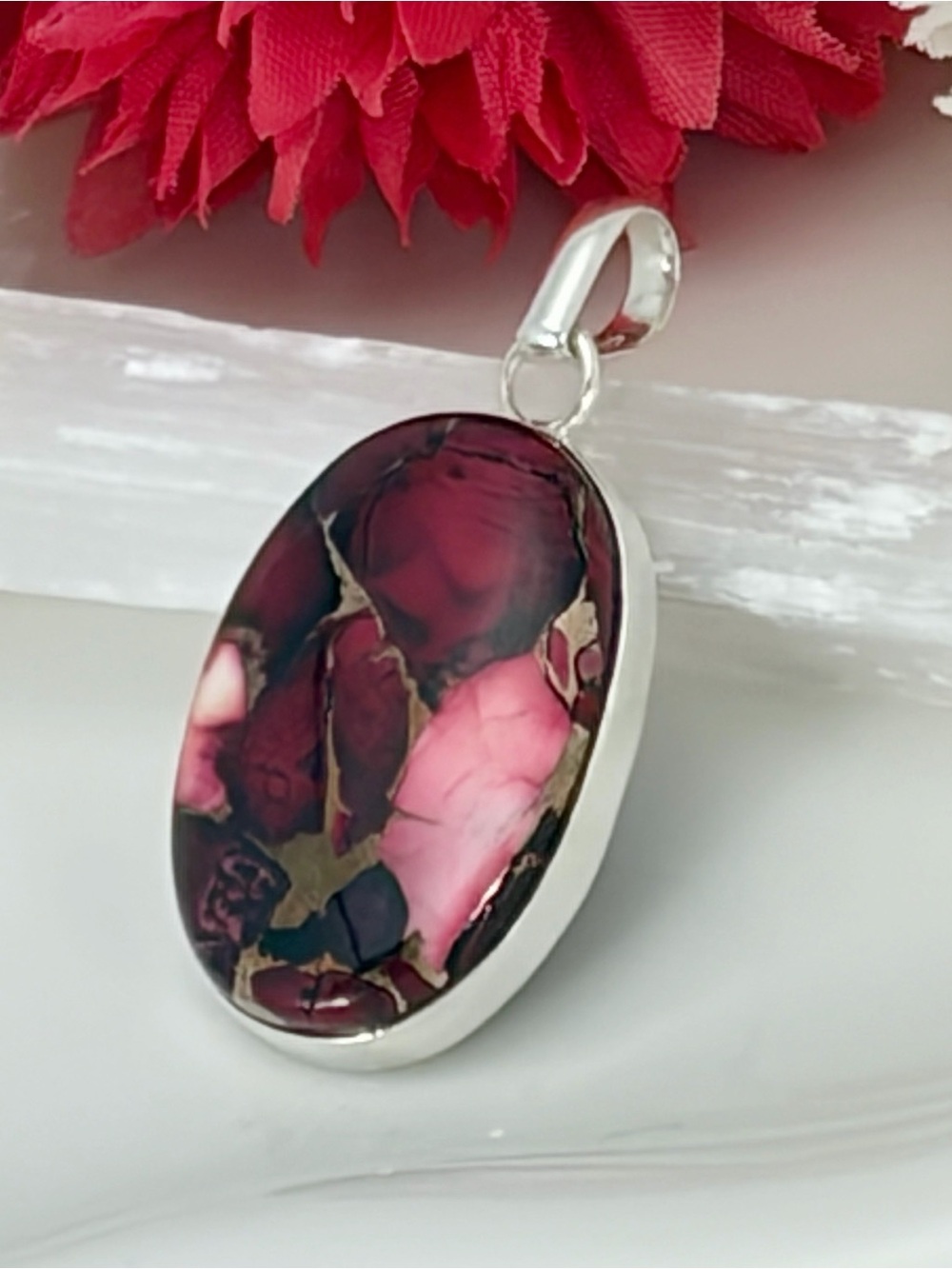 Sterling Silver 925 Kingman Red Rose Dahlia Turquoise Pendant Southwestern Style
